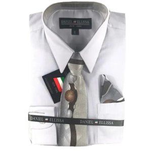 Daniel Ellissa Boys Silver Dress Shirt Gray Brown Black Tie & Hanky Size 6